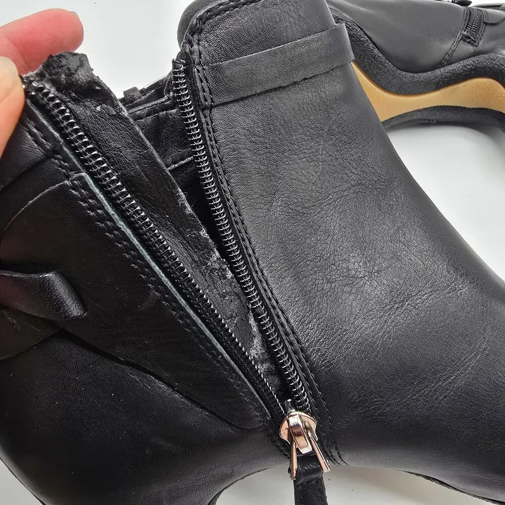 Sam‎ Edelman Maddox Mid Heel black leather strappy booties almond toe zip 9.5